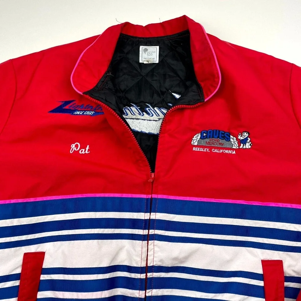 Vintage Lightning Race Cars Pat Design 500 Racewear Jacket Large Red Wrap Around